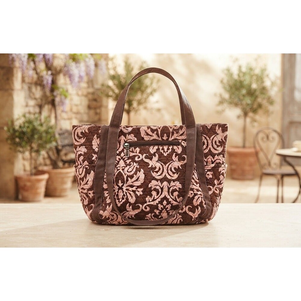 Belvah Quilted Tote Bag Brown Pink Damask Floral Large Shoulder Gingham Carryall